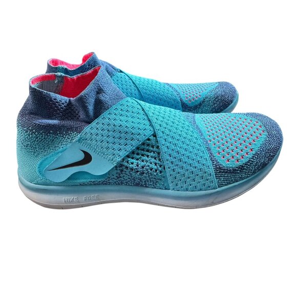 Nike Free RN Motion Flyknit Sz 8 Running Shoes Blue Aqua Red Slip-On - Picture 3 of 8
